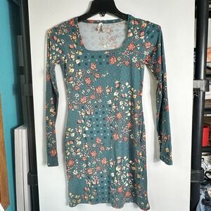 Mudd Womens Juniors Size XS‎ Floral Fitted Bodycon Dress Teal Long Sleeve Mini